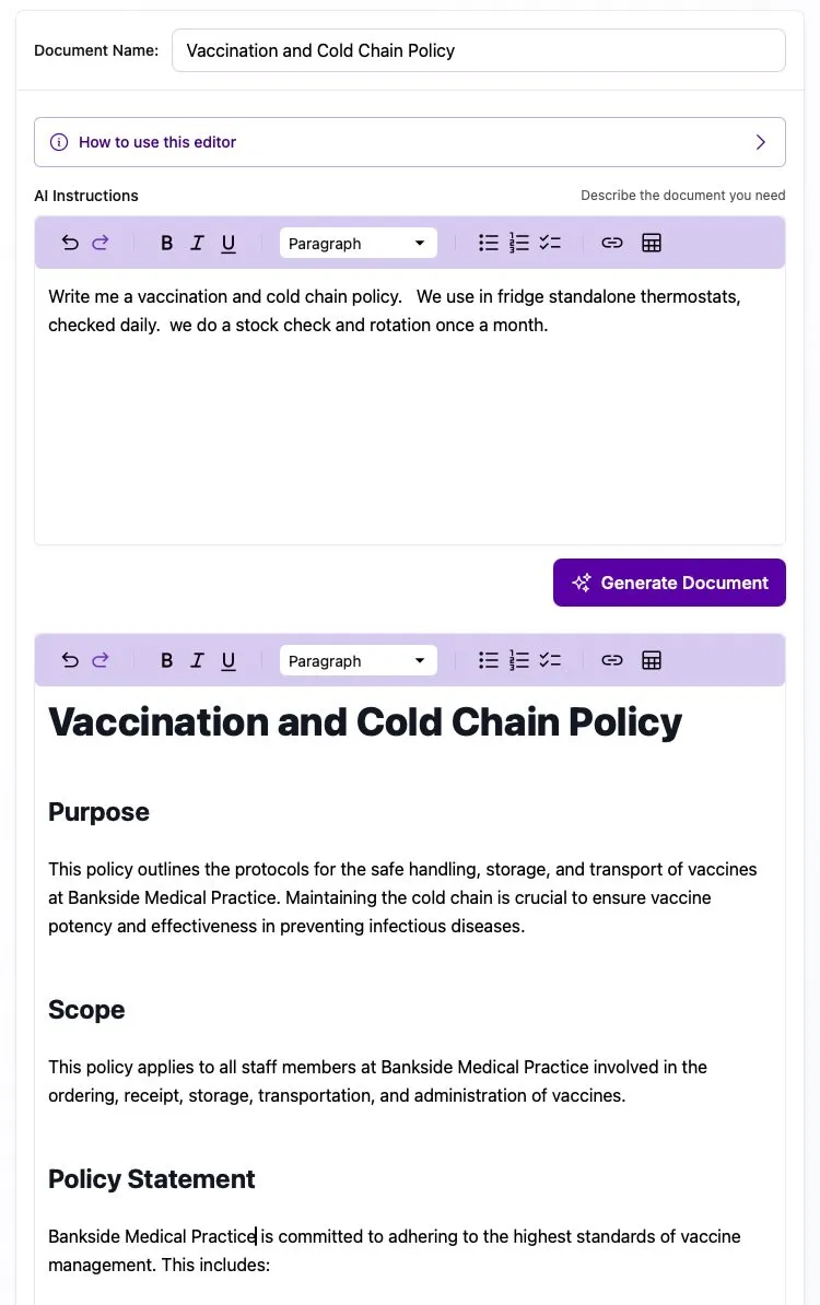 Screenshot of the Cold Chain Policy document editor interface
